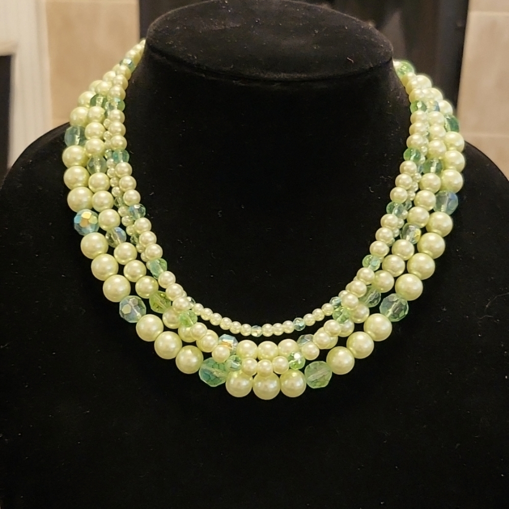 Emerald green faux pearls 4 strand